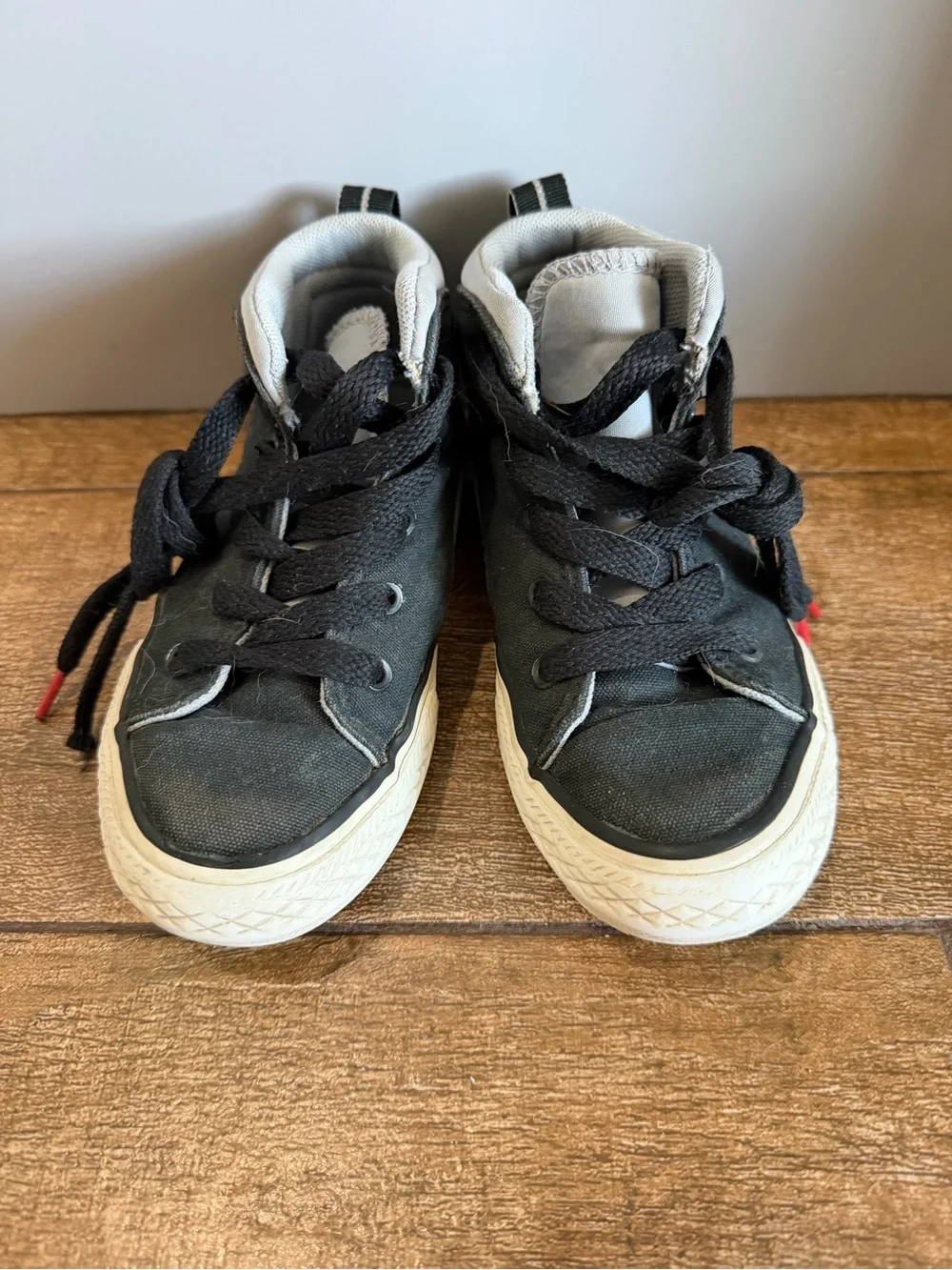 Converse Kids Black High-Top Canvas Sneakers with Gray Collar and Red Lace Tips